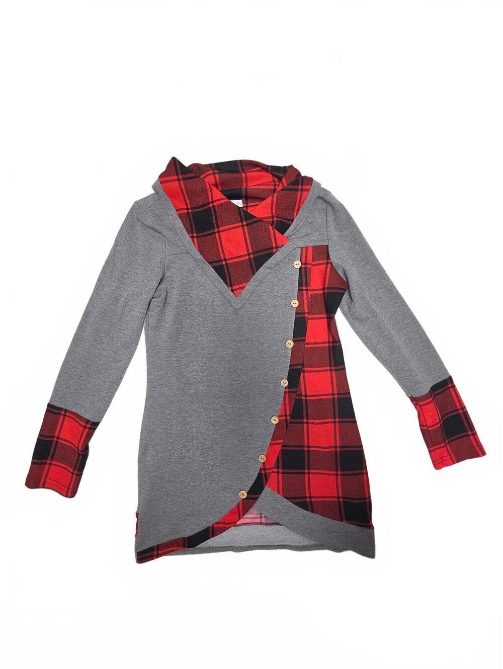 Midressfo Grey Red Buffalo Plaid Asymmetric Button Cowl Neck Tunic Top US 6